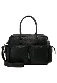 Black quilted leather handbag with dual top handles, detachable shoulder strap, two front zippered pockets, and side pouch.