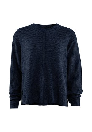 Dunkelblau gestrickter Pullover mit gerippter Textur, rundem Ausschnitt und langen Ärmeln. Verfügt über eine lockere Passform und Schlitze an den Seiten des Saums.