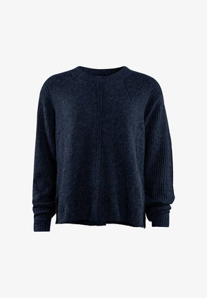 Dunkelblau gestrickter Pullover mit gerippter Textur, rundem Ausschnitt und langen Ärmeln. Verfügt über eine lockere Passform und Schlitze an den Seiten des Saums.