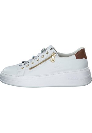 White leather sneaker with a thick white sole, gold zipper, decorative gems, and a brown accent on the heel. Features rounded toe and lace-up design.