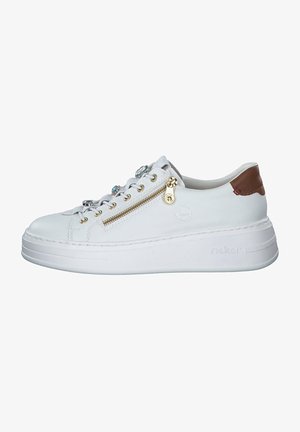 Weißes Leder-Sneaker mit dicker weißer Sohle, goldenem Reißverschluss, dekorativen Diamanten und braunem Akzent an der Ferse. Verfügt über eine abgerundete Schuhspitze und Schnürdesign.