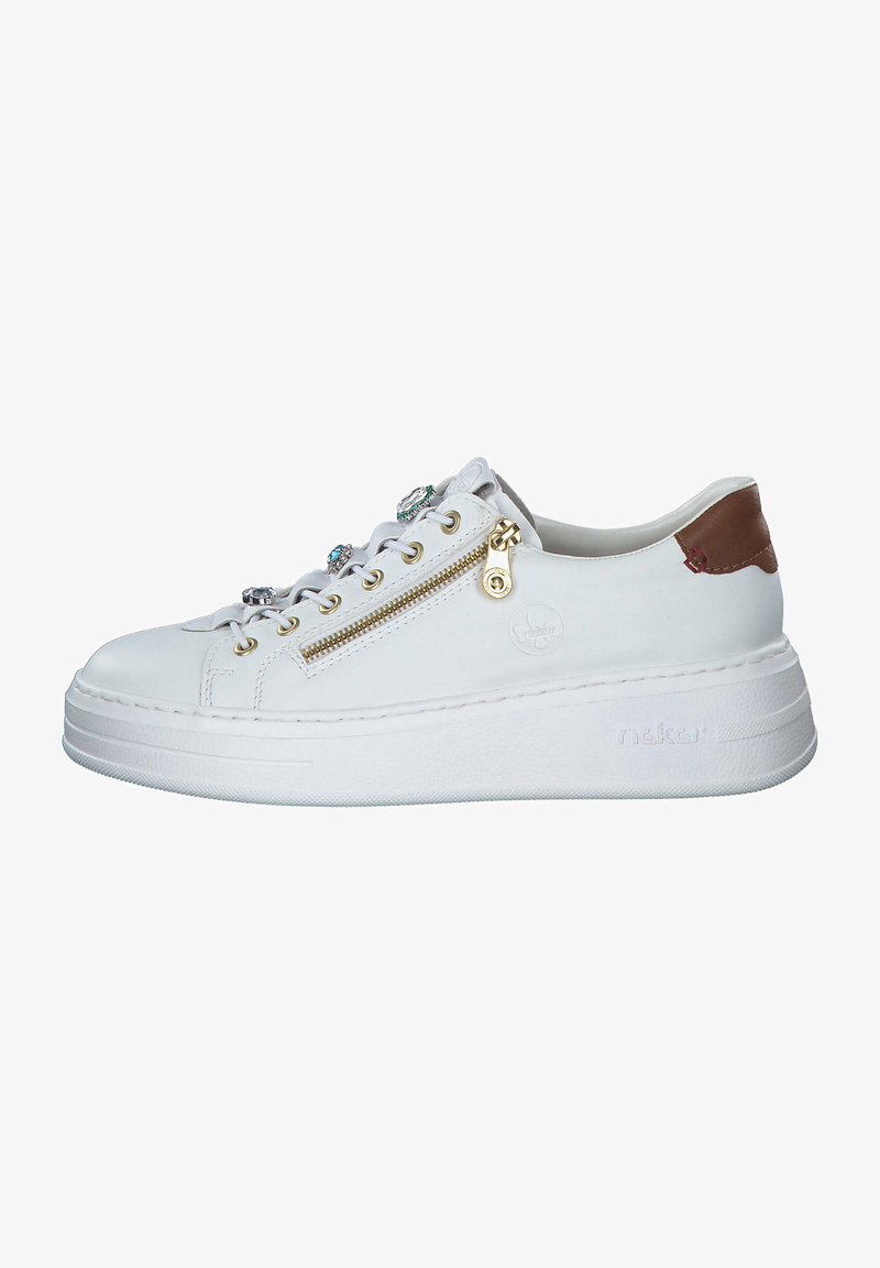 White leather sneaker with a thick white sole, gold zipper, decorative gems, and a brown accent on the heel. Features rounded toe and lace-up design.