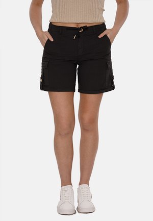 Pantaloni cargo neri con taglio dritto, dotati di tasche laterali e vita con lacci. Realizzati in tessuto traspirante, progettati per l'abbigliamento casual.