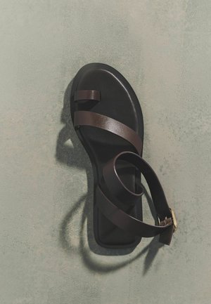 Sort flad sandal med to tynde mørkebrune remme over tæerne og en bred ankelrem med guldlås på grå overflade.