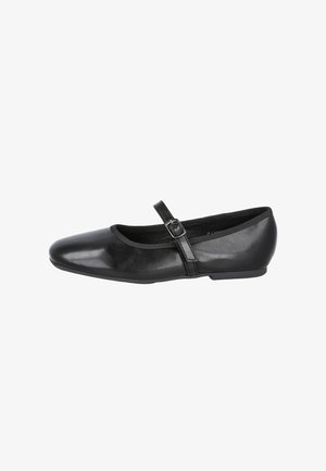 Zapato Mary Jane de cuero negro con punta redondeada, correa ajustable y un tacón bajo y plano. Textura suave y diseño minimalista.