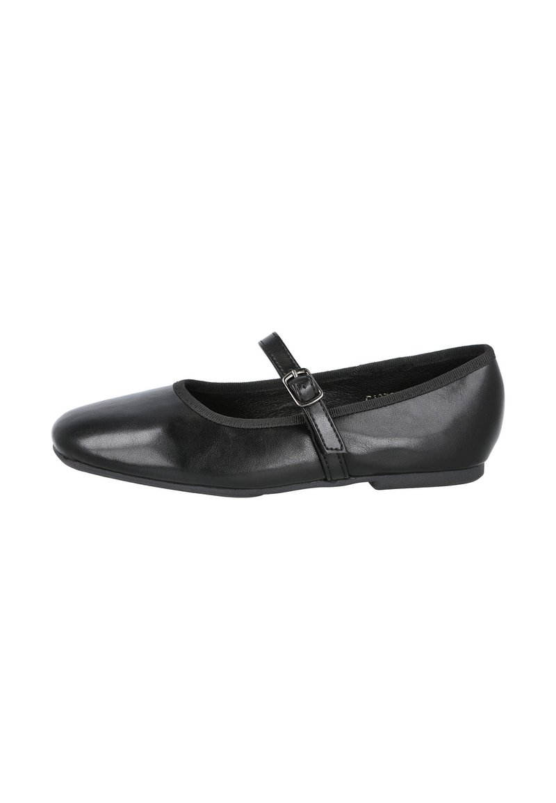 Zapato Mary Jane de cuero negro con punta redondeada, correa ajustable y un tacón bajo y plano. Textura suave y diseño minimalista.