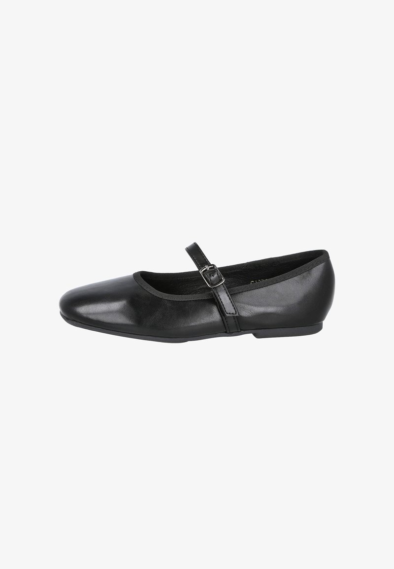 Zapato Mary Jane de cuero negro con punta redondeada, correa ajustable y un tacón bajo y plano. Textura suave y diseño minimalista.