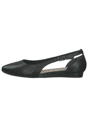 Black leather flat shoe with a pointed toe, open heel, and adjustable buckle strap. Smooth texture and minimalistic design.