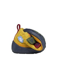 Klimschoen met een gele textield bovenkant, blauwe rubberen zool, rode hiel lus en getextureerde accenten. Klittenbandsluiting met logo-details.