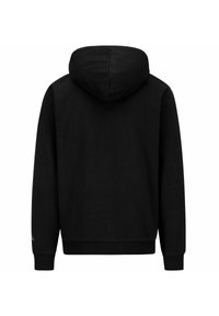 Felpa nera in misto cotone, con cappuccio regolabile, maniche lunghe, polsini a coste e una superficie semplice e liscia.