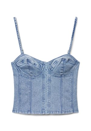 Niebieski top bustier z denimu w jasnym odcieniu, z regulowanymi ramiączkami, usztywnionym gorsetem oraz przeszyciami podkreślającymi dopasowany kształt sylwetki.