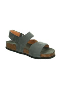 Gray leather sandal with two wide straps, cork midsole, and textured rubber outsole. Open toe design for breathability and comfort.