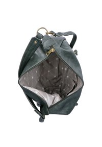 Borsa a mano verde in pelle con un'esterno testurizzato, hardware dorato e un interno a fantasia chiara. La parte superiore aperta rivela un ampio scomparto.