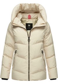 Pufferjack in lichtbeige met een capuchon, rits sluiting en twee zijzakken. Kenmerkt zich door een gestept ontwerp en stevige zwarte rits.