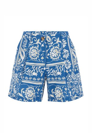 Pantaloni shorts blu con motivi floreali e geometrici bianchi, caratterizzati da chiusura con bottoni, design plissè e tasche laterali. Realizzati in tessuto testurizzato.