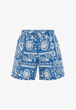 Shorts bleus avec des motifs floraux et géométriques blancs, dotés d'un devant à bouton, d'un design plissé et de poches latérales. Fabriqués en tissu texturé.
