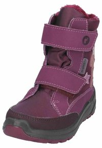 Botas infantiles moradas con dos correas de velcro, un suave forro de pelo en el collar, suela de goma y acentos decorativos en forma de estrella a los lados.