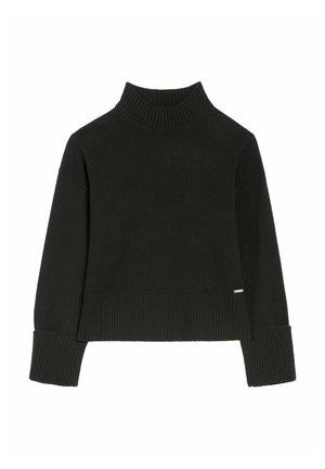 Czarny sweter dzianinowy z prążkowanym wysokim kołnierzem, pasem u dołu i mankietami, z długimi rękawami i małą metalową metką blisko dołu.