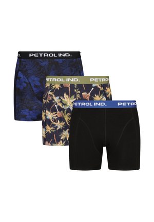 Trois paires de boxers pour hommes. Comprend des motifs floraux bleus, unis noirs et imprimés de palmiers. Ceintures élastiques en noir, olive et bleu.