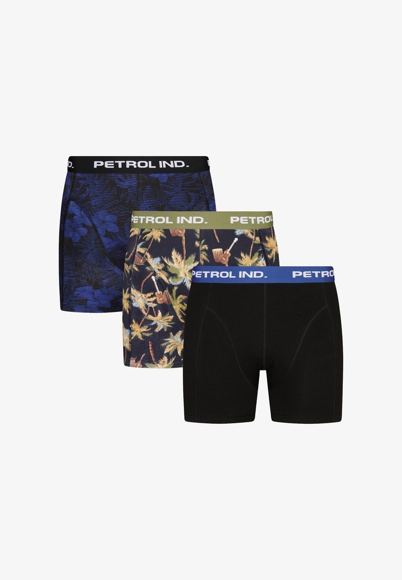 Tři páry pánských boxerek. Obsahují modré květinové, černé jednobarevné a vzor palem. Elastické pásky v černé, olivové a modré barvě.