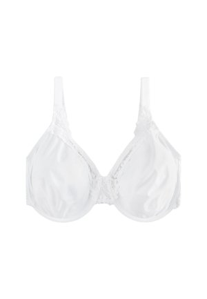 Soutien-gorge blanc à armatures, bretelles réglables et bordure en dentelle le long des bonnets et du centre devant, présenté sur un fond uni.