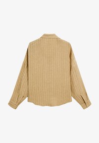 Camicia button-up oversize di colore marrone, con texture, maniche lunghe e colletto, caratterizzata da orlo dritto e polsini con un bottone.
