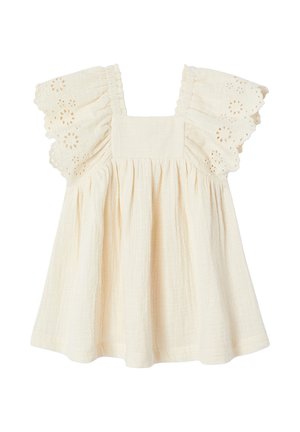 Sandfarbenes Kleinkindkleid mit quadratischem Ausschnitt und flatternden Ärmeln mit gestickten Lochstickerei-Blumenmustern.