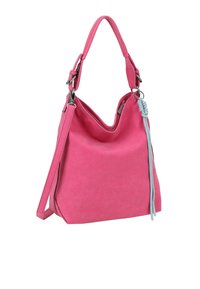 Borsa a spalla in suede rosa con una forma morbida, tracolla regolabile e un dettaglio accentato in azzurro chiaro. Presenta un'apertura superiore e accessori in argento.
