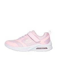 Zapatillas deportivas rosas con parte superior de malla, cinta de velcro y cordones. Suela blanca con unidad de amortiguación y detalles texturizados en los laterales.
