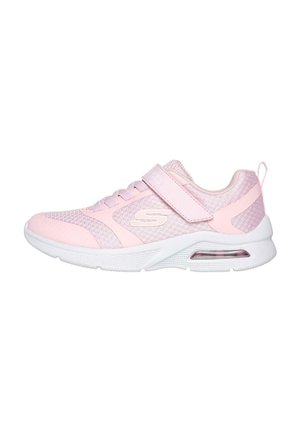 Zapatillas deportivas rosas con parte superior de malla, cinta de velcro y cordones. Suela blanca con unidad de amortiguación y detalles texturizados en los laterales.