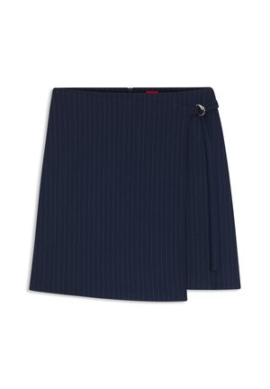 Gonna a righe blu navy con design a portafoglio, caratterizzata da un fiocco laterale e dettagli in argento, realizzata in tessuto dalla texture liscia.