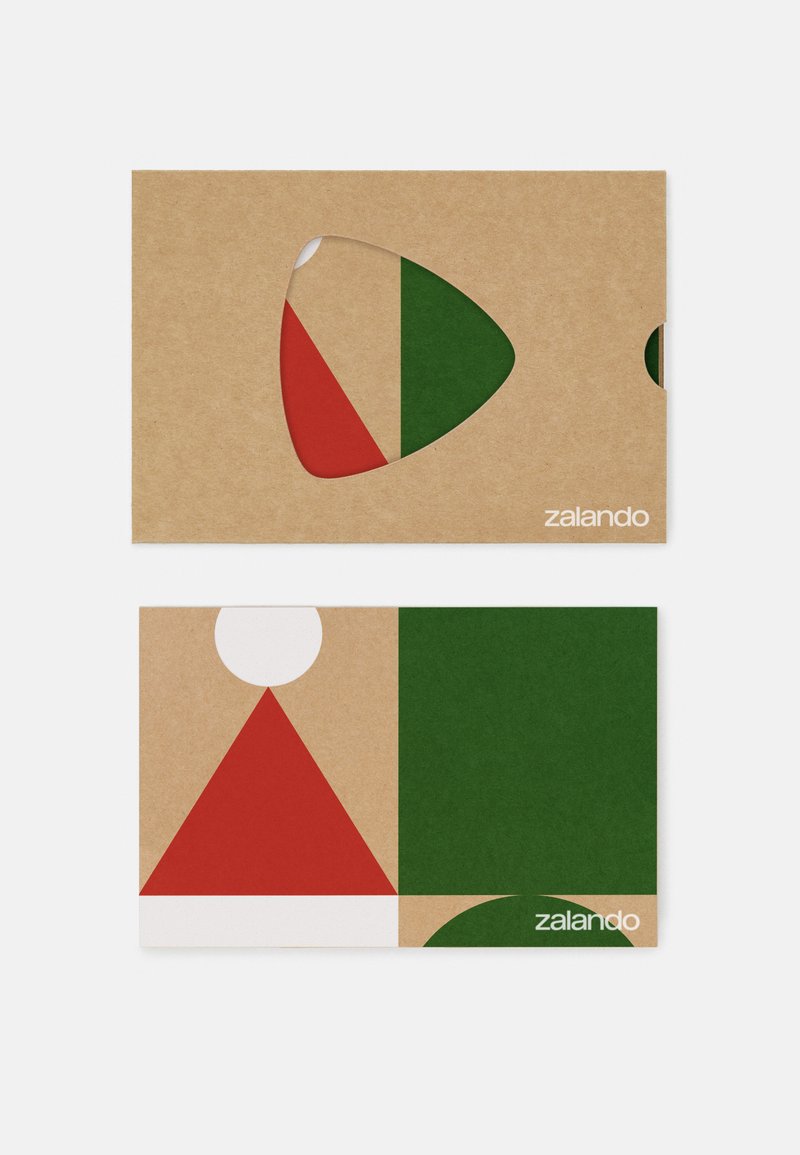 Due cartoline in carta kraft con design geometrici astratti, caratterizzati da forme rosse, verdi e bianche, tra cui triangoli e cerchi. Presente il marchio Zalando.