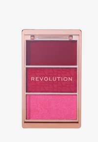 Revolusjons sminkepalette med tre seksjoner: dyp rød krem, matt rosa, og glitrende lys rosa. Kompakt med klart lokk og rosegull detaljer.