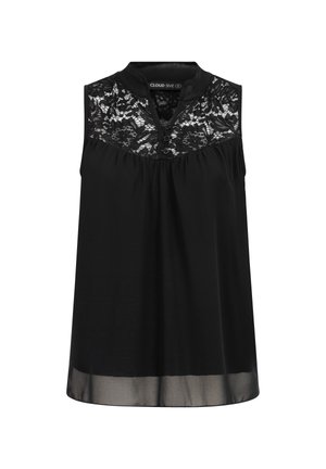 Sort ærmeløs bluse med blomsterblondepassepartout, knaplukket V-udskæring og let gennemsigtig kant.