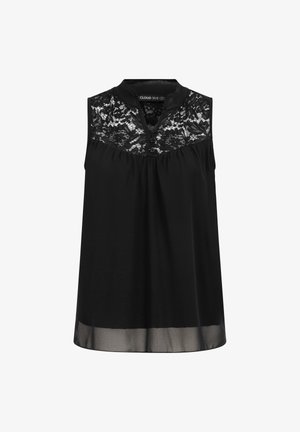 Sort ærmeløs bluse med blomsterblondepassepartout, knaplukket V-udskæring og let gennemsigtig kant.