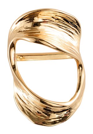 Shiny gold-tone metal hair clip with a twisted, textured oval design and a central pin for fastening.