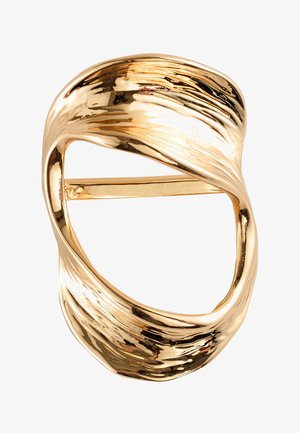 Shiny gold-tone metal hair clip with a twisted, textured oval design and a central pin for fastening.