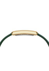 Złoty zegarek o prostokątnej kopercie, zieloną skórzaną bransoletą, eleganckim designie, gładkiej fakturze i minimalistycznych detalach na tarczy.