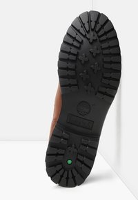 Hnědá kožená bota s černou gumovou podrážkou s hlubokým vzorem a zeleným akcentem na patě. Vyražené logo Timberland.