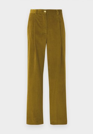 Pantalones de pana amarillos mostaza con un diseño de pierna recta, que cuentan con pliegues delanteros y un cierre de botón en la cintura.