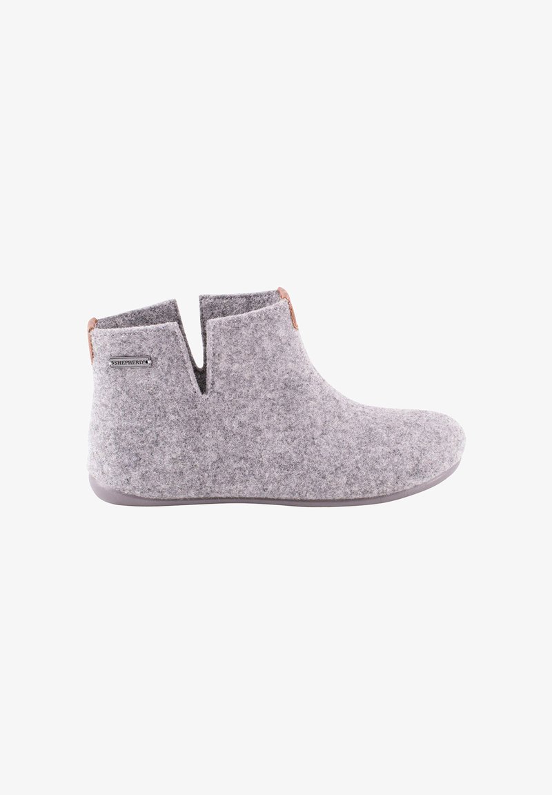 Grijze enkellaarzen met een gespleten ontwerp en leren accenten in tan. Gladde oppervlakte textuur en een afgeronde neus. Durasole voor grip.