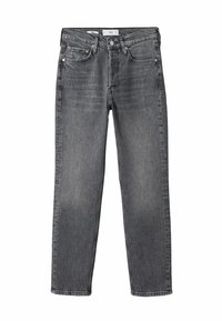Jeans in denim grigio a taglio dritto, con cinque tasche e un leggero sbiadimento. Presentano una chiusura con bottone e un passante per la cintura.