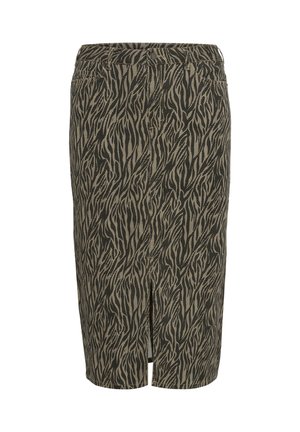 Brązowa i beżowa spódnica ołówkowa z wzorem w tiger stripe, wykonana z teksturowanej tkaniny, z dekoltem z przodu.