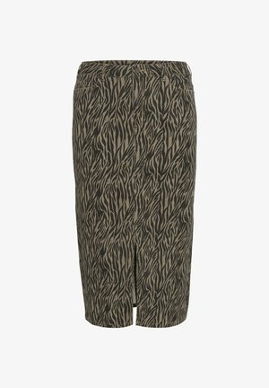 Gonna a matita marrone e beige con motivo a strisce di tigre, realizzata in un tessuto testurizzato, con un dettaglio slit nella parte anteriore.