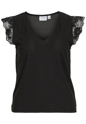 Svart ermeløs dame-topp med V-hals og blonderdetaljer på kappemermene, merket "VILA" inne i kragen.