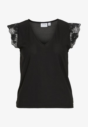 Svart ermeløs dame-topp med V-hals og blonderdetaljer på kappemermene, merket "VILA" inne i kragen.