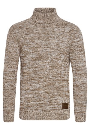 Maglione a maglia marrone e crema con colletto alto, maniche lunghe, orlo a coste e una piccola etichetta con logo sulla parte anteriore in basso a sinistra.