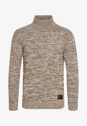 Hnedo-krémový melírovaný pletený sveter s vysokým golierom, dlhými rukávmi, rebrovaným spodným okrajom a malou značkovou nálepkou na prednej dolnej ľavej strane.