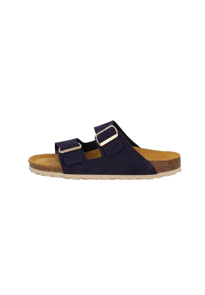 Sandale en daim bleu marine avec deux brides réglables et boucles métalliques. Semelle en liège et semelle extérieure en caoutchouc léger, avec une surface texturée.