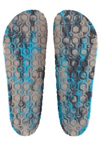 Texturerade grå innersulor med ett hexagonalt mönster och blå accenter, med en slät yta och en rundad häl för komfort.